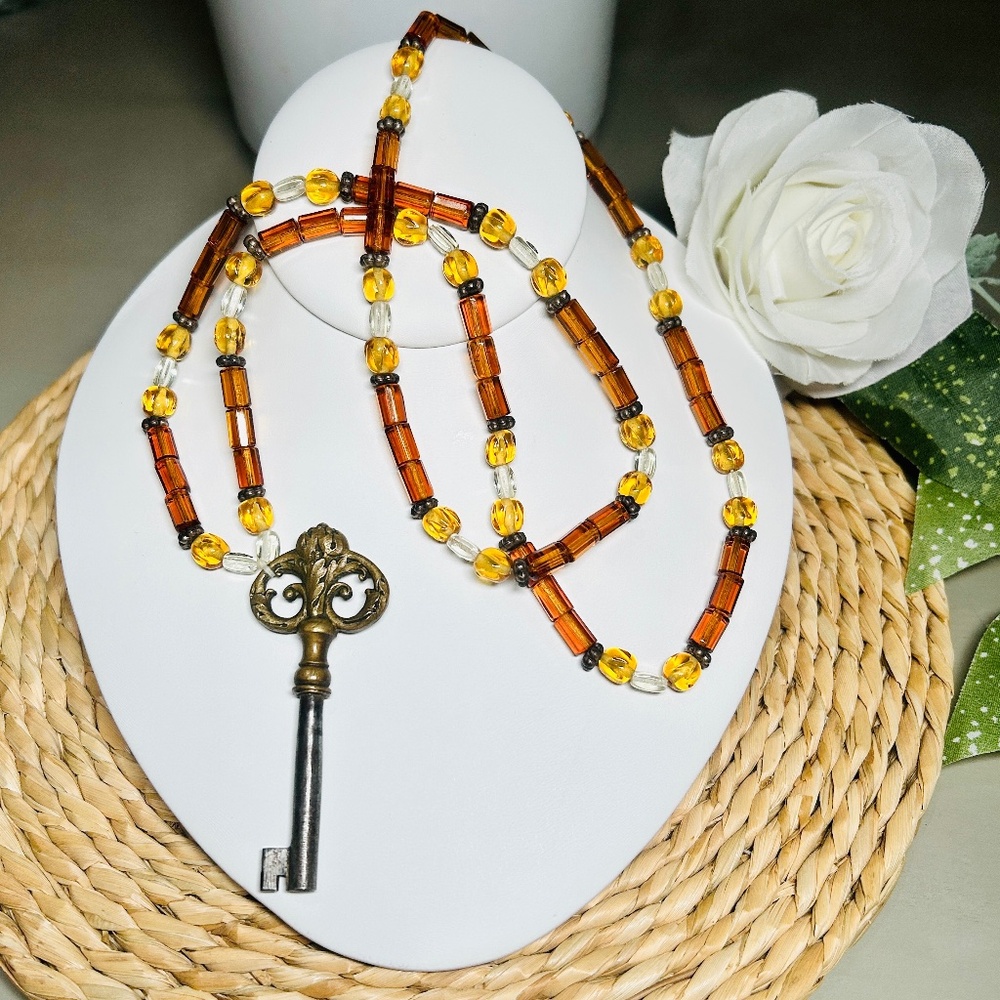Vintage Polished Artisan Glass Sphere & Cylinder Shaped Beads with Skeleton Key